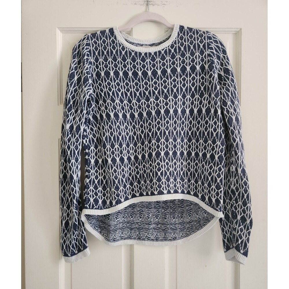100% Linen Nautical Maritime Coastal Grandma Blue White LOFT Medium Sweater